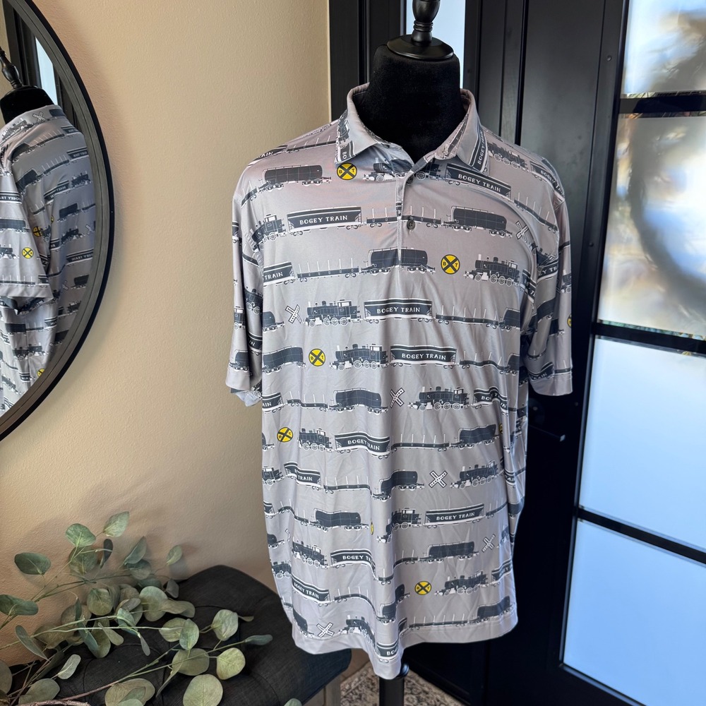 Waggle Golf Bogey Train Polo Shirt Mens 2XL Grey Railroad Steam Engine Novelty
